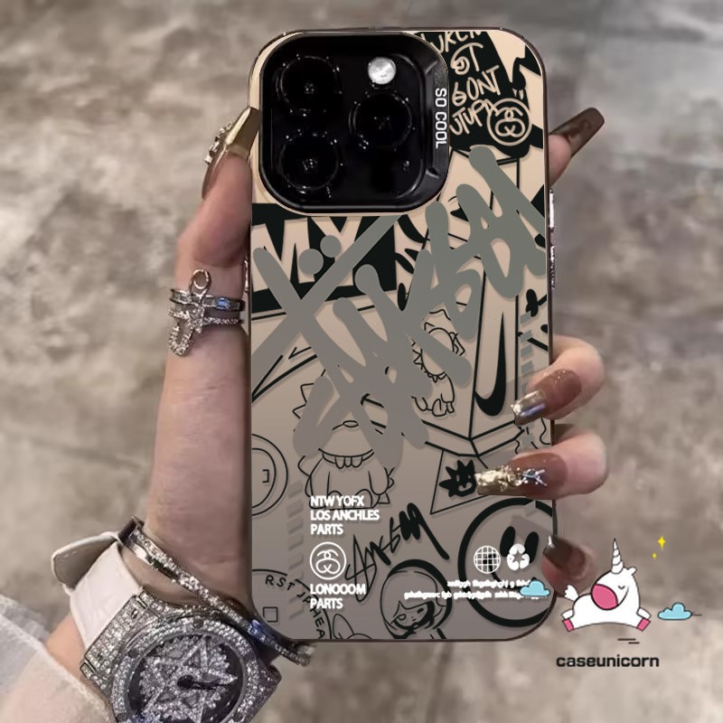 Trendy Cartoon English Cool Smiley Face Graffiti Case Compatible for IPhone 16 15 11 14 12 13 Pro Max XR X 7Plus XS Max 15 8 7 14 Plus SE 2020 Luxury Plated Metal Lens Soft Case. 