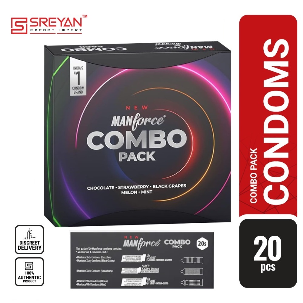Manforce Combo Condom Pack (Chocolate, Strawberry, Black Grapes, Melon & Mint) Indian (20 Pcs) - Packet