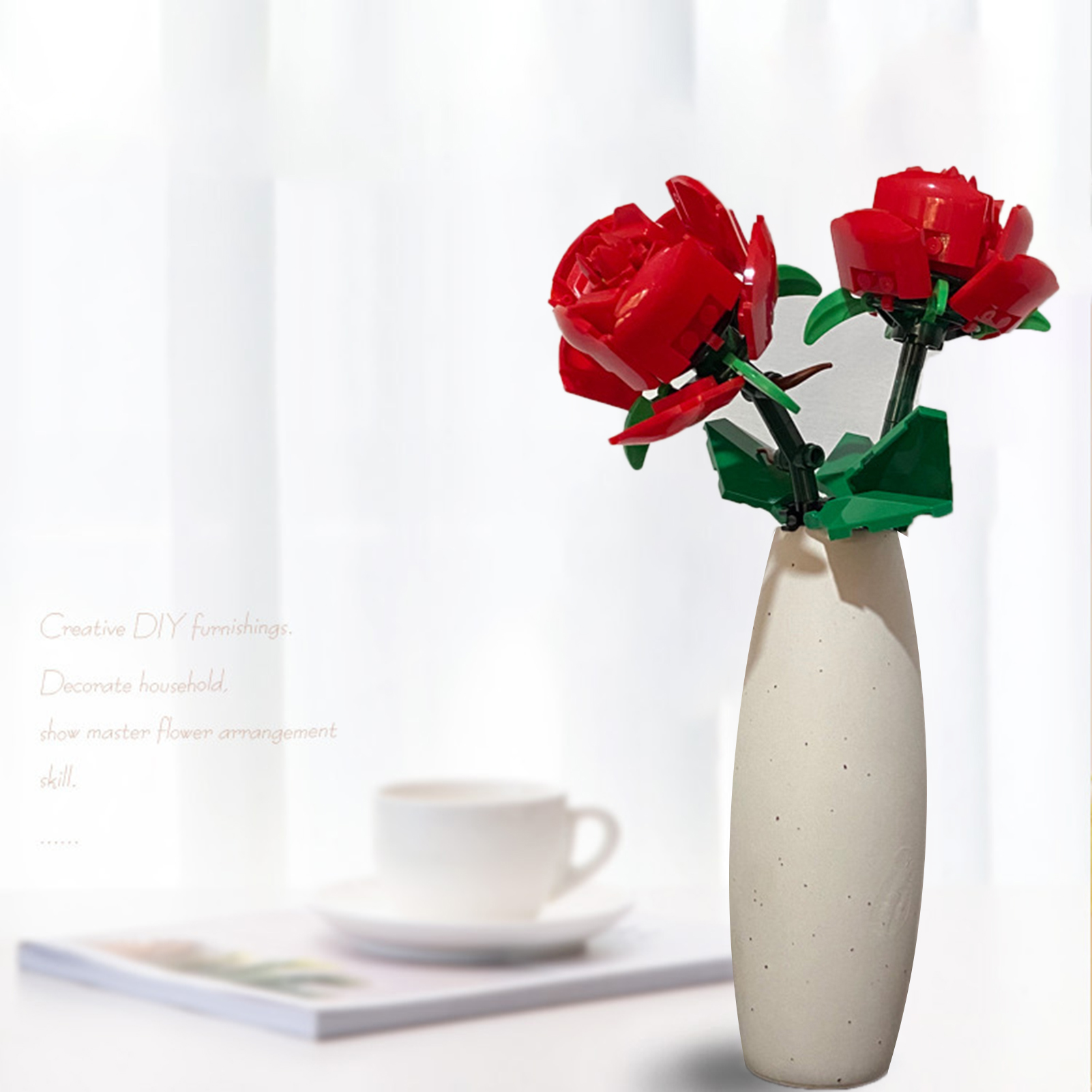 1 Set Building Block Rose High Simulation DIY Easily Install Rose Flower Bouquet Building Blocks Romantic Kit for Christmas Gift. 