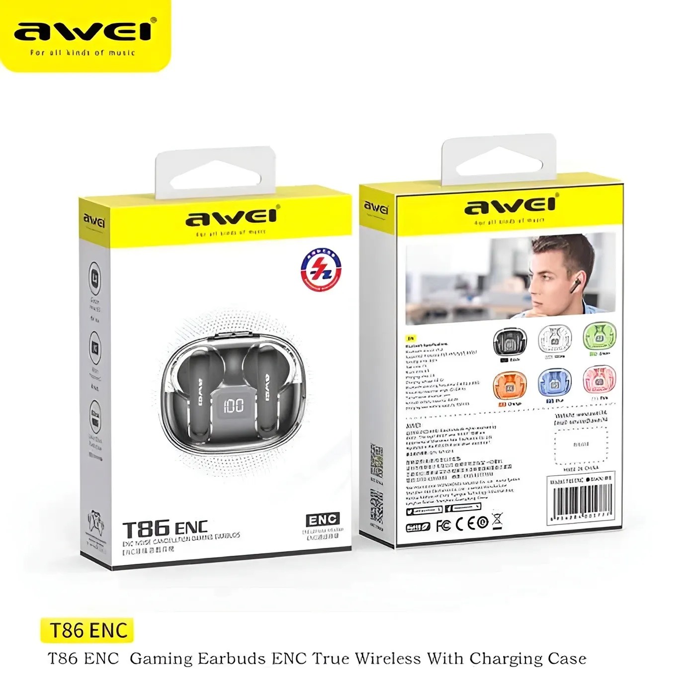 AWEI T86 ENC Noise Cancellation Bluetooth 5.3 Low Latency Digital Display True Wireless Gaming Earbuds. 