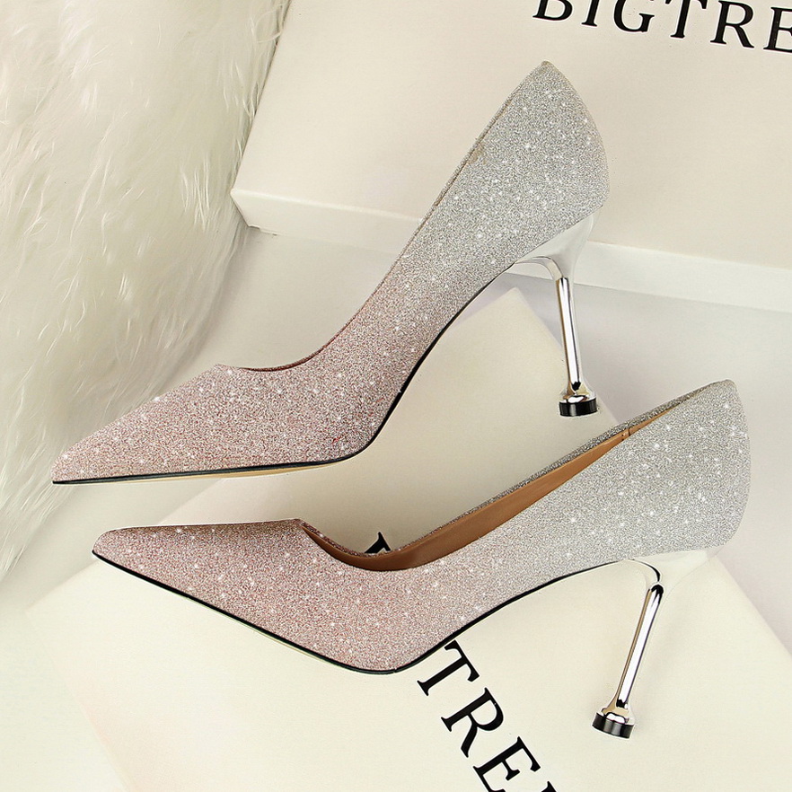 Size 34-40 High heels Korean Version Of Fashion Fine With High-heeled Shallow Mouth Pointed Shiny Color Gradient Color Matching Shoes High Heel Women's Shoes. 