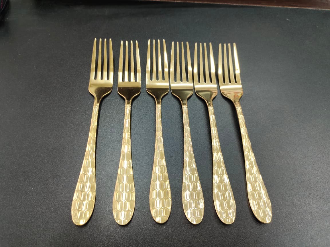3 D Golden Fork Spoon Set 6 Pcs. Stainless Steel Tea Spoons With Gold Titanium Plating. - Chopsticks. 