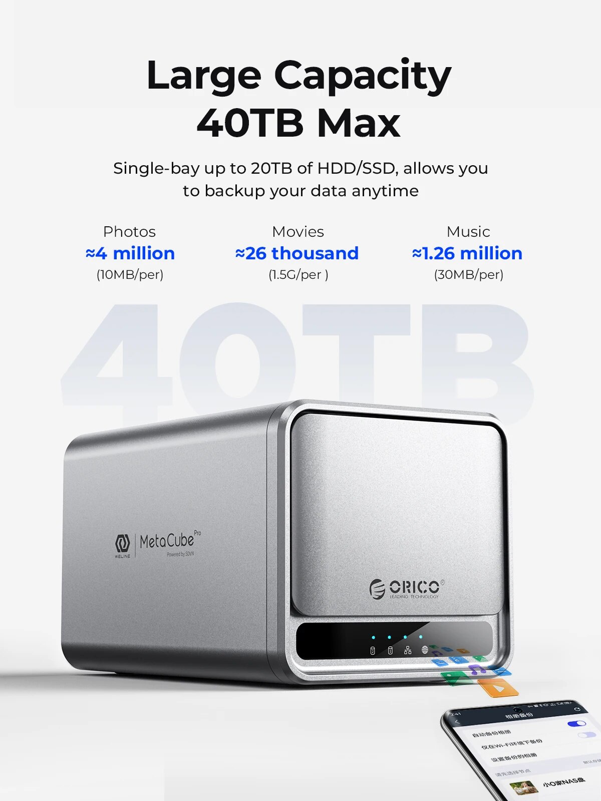 ORICO MetaCube Household Storage Type-C 3.5" HDD/SSD Dual-bay NAS with Automatic Backup Remote Access with Offline BT Download. 