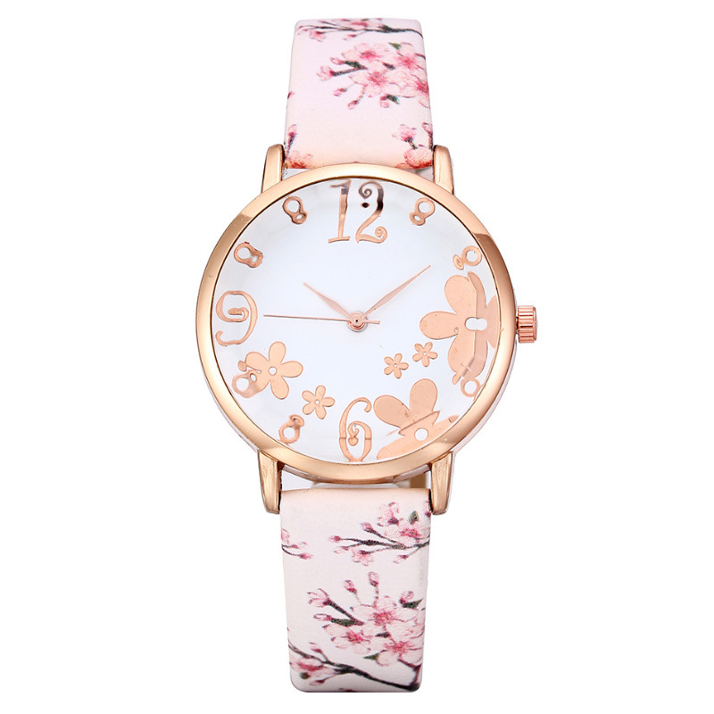 New Digital Art Flower Fashion Business Casual Women's Leather Watch Strap Quartz Watch Girl's Wrist Watch