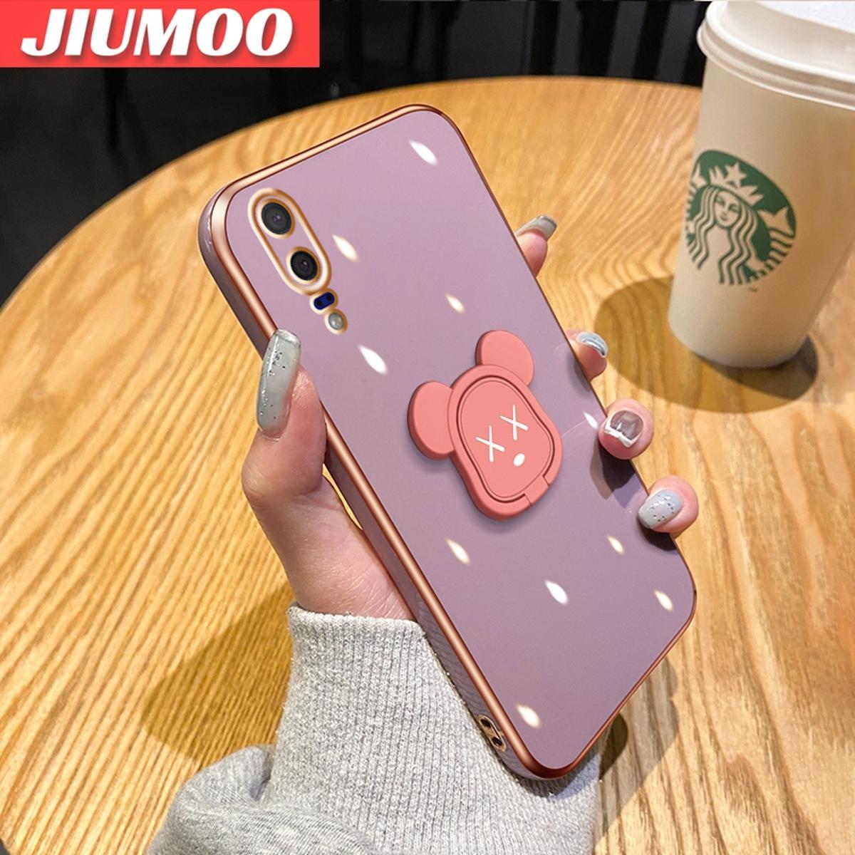 JIUMOO For Huawei P20 Case Pink Swivel Violent Bear Bracket Square Edge Phone Case Plating Silicone Casing Full Cover Camera Shockproof SoftCase Protection Cases