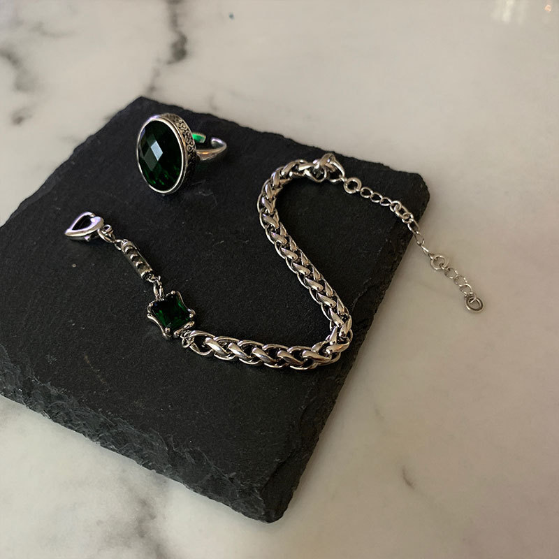 925 sterling silver square green diamond bracelet women's vintage Thai silver distressed hollow fashion love buckle thick chain bracelet. 
