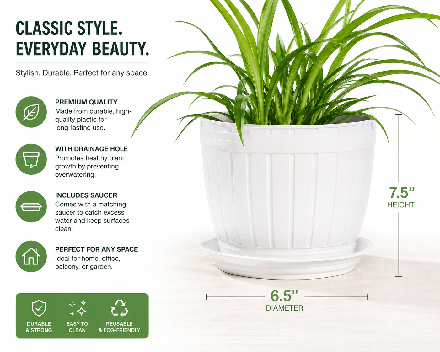White Barrel Type Flowerpot Plastic Flower Pots with Tray Home Decoration 1Pcs