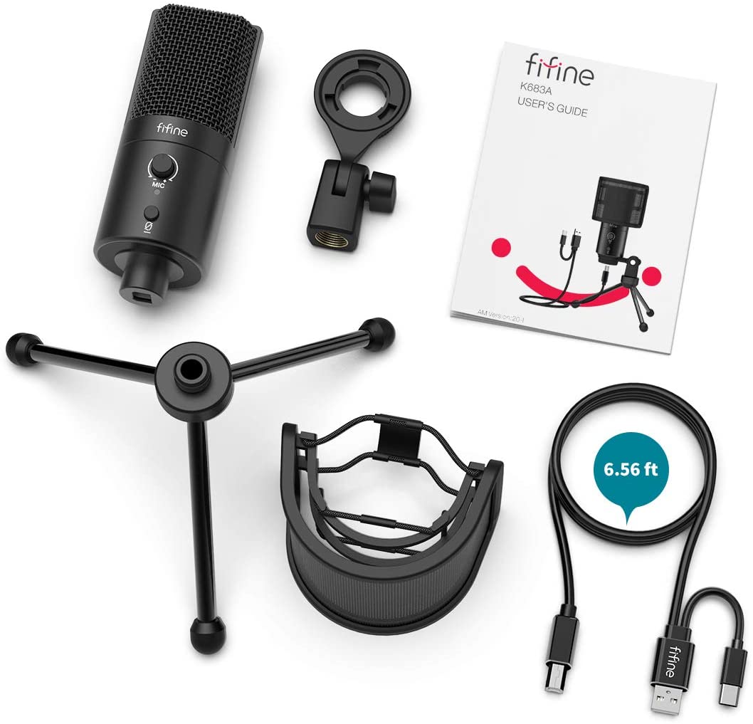 FIFINE K683A USB Desktop PC Microphone with Pop Filter for Computer and Laptop, Studio Condenser Mic with Gain Control Mute Button Headphone Jack for Gaming Streaming Recording YouTube, Extra USB-C Plug -K683A. 