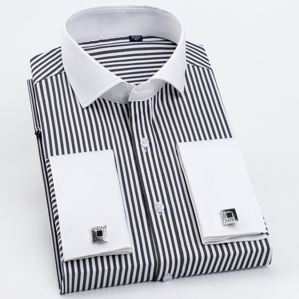 Men's Striped Spread Collar French Cuff Shirt Without Pocket Formal Business Long Sleeve Standard-fit Dress Shirts. 