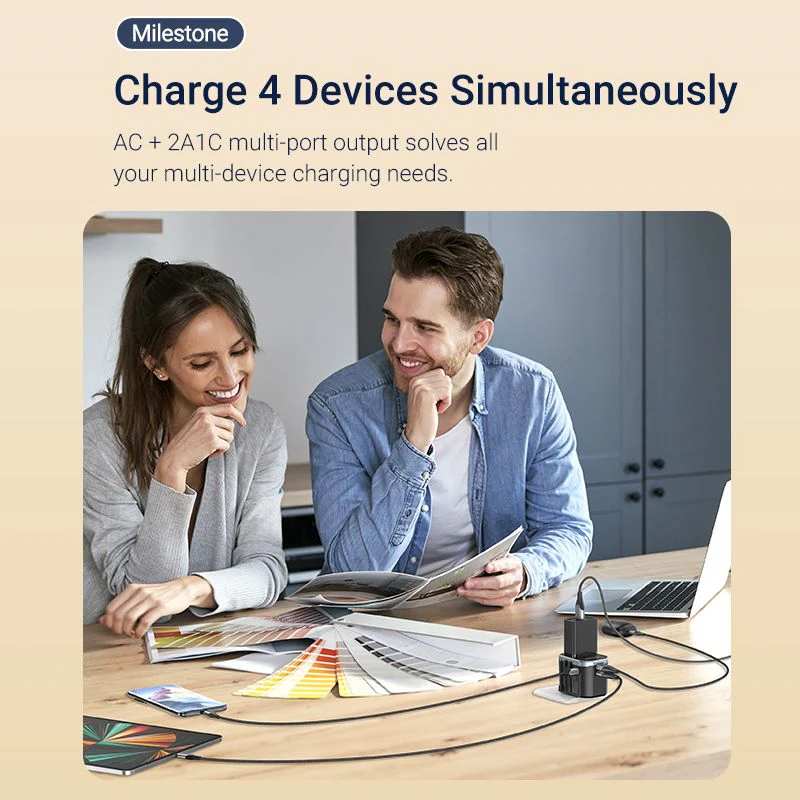 Vention FJCB0 3-Port USB (C + A + A) Universal Travel Adapter (20W/18W/18W) - Black - Universal Travel Adapter - Fast Charging for All Three Ports. 