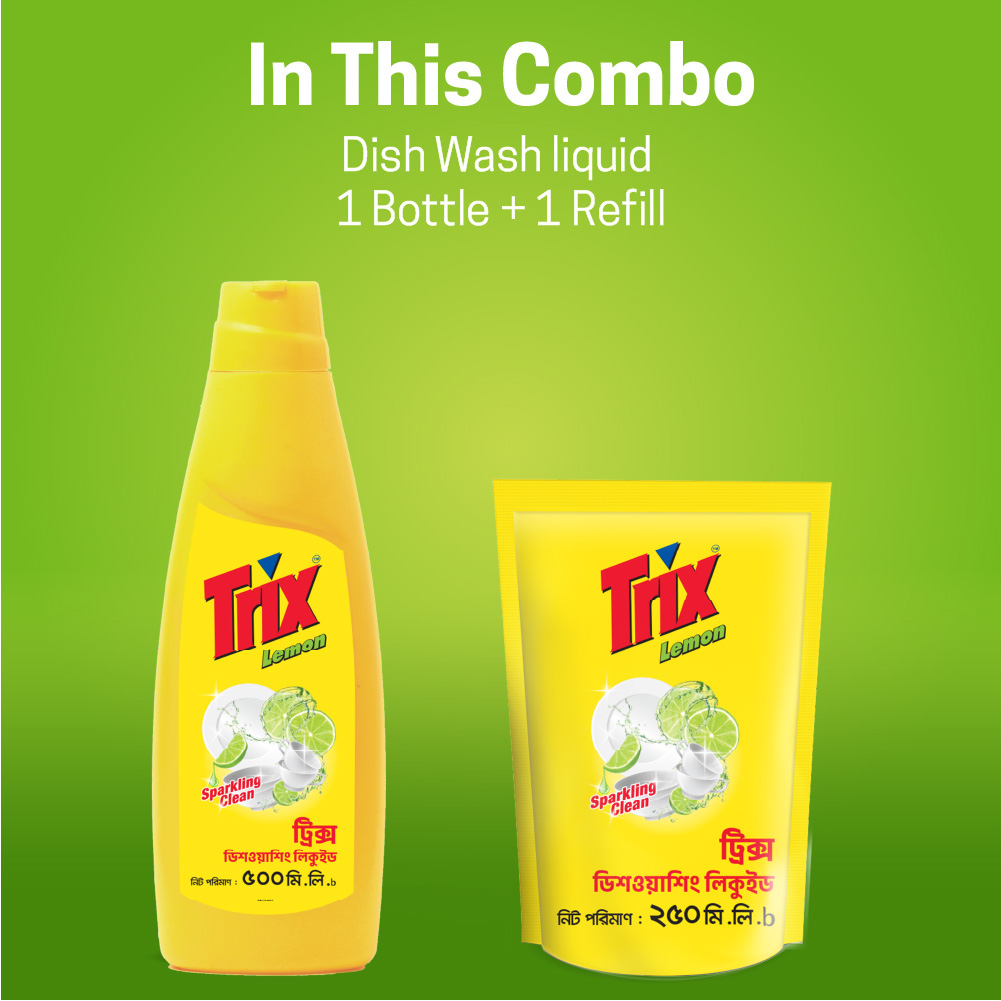 Trix Dishwashing Liquid 750ml (Bottle & Refill Combo) Lemon Fragrance for Scratch-Free Sparkling Clean Dishes, removes grease stains. 