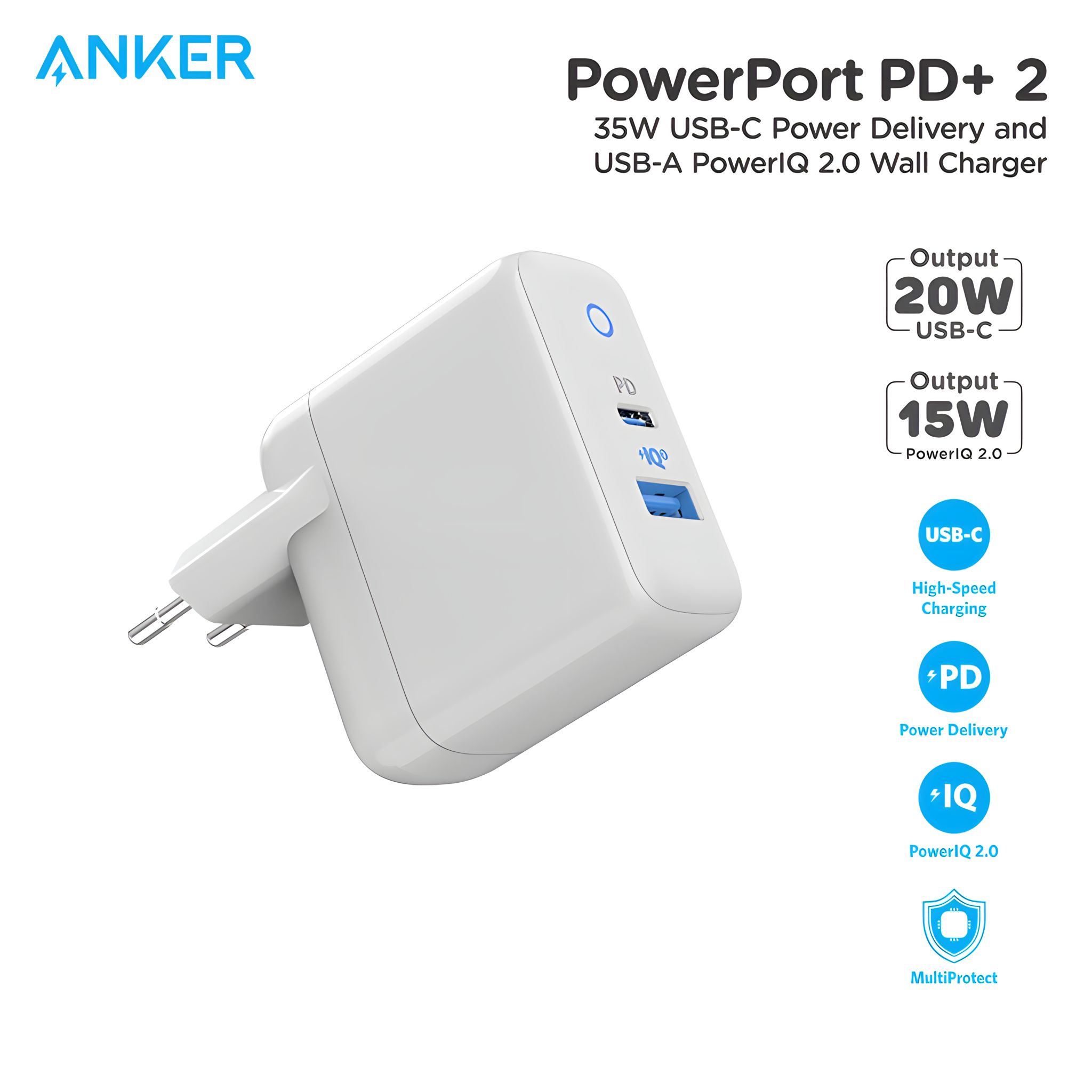 Anker PowerPort PD+2 35W (20W+15W) Dual-Port High Speed Wall Charger With Power Delivery & Power IQ 2.0 - EU Plug