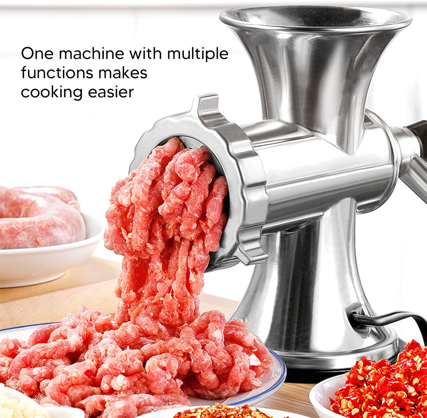 High Quality Multipurpose Manual Meat Grinder for grinding meat, pepper, and vegetables Manual Meat Grinder 10 Sizes Minced Meat Sausage Stuffer Machine Meat Grinder Suction Cup Type with Sausage Stuffer Silver Aluminium Alloy for Minced Meat. 