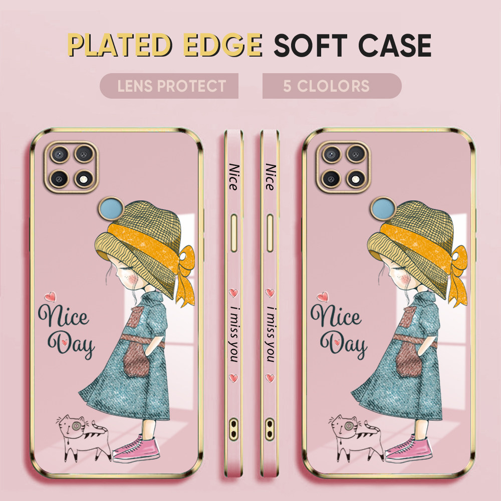 For OPPO A15 A15S Back Cover Luxury 6D Plating Lovly Girl Side Pattern Soft Silicone Square Mobile Phone Case. 