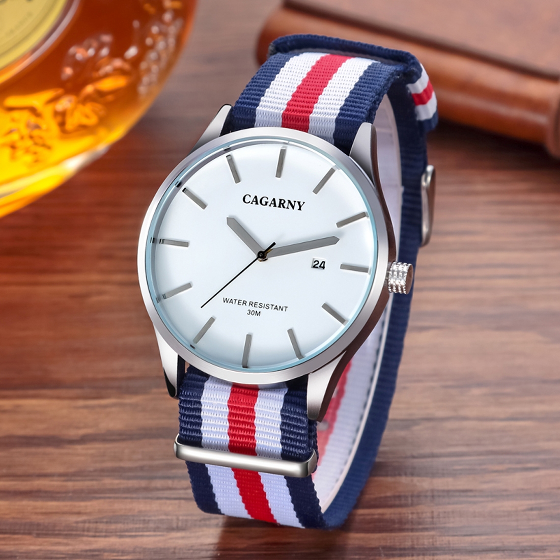 CAGARNY 6865 Concise Style Ultra Thin Waterproof Quartz Wrist Watch with Striped Nylon Band. 