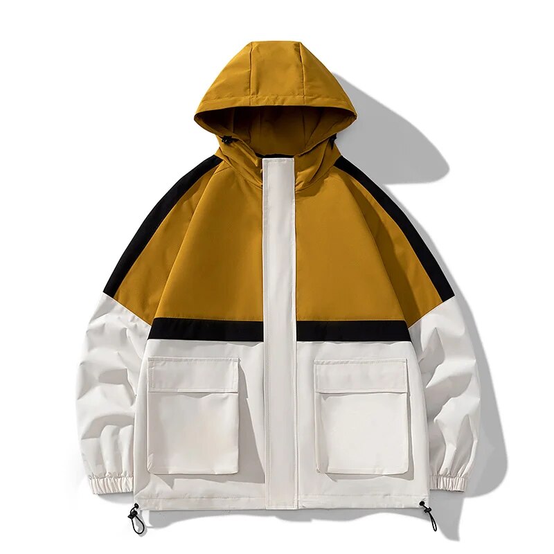 Fashion color-block men's jacket 2023 spring/autumn new trend storm jacket multi-pocket hooded jacket. 