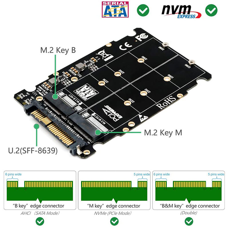 2 In 1 M.2 NVMe SATA U2 M.2 NVME SSD Key M Key B SSD To U.2 SFF-8639 Adapter PCIe M2 Converter Desktop Computer Parts. 