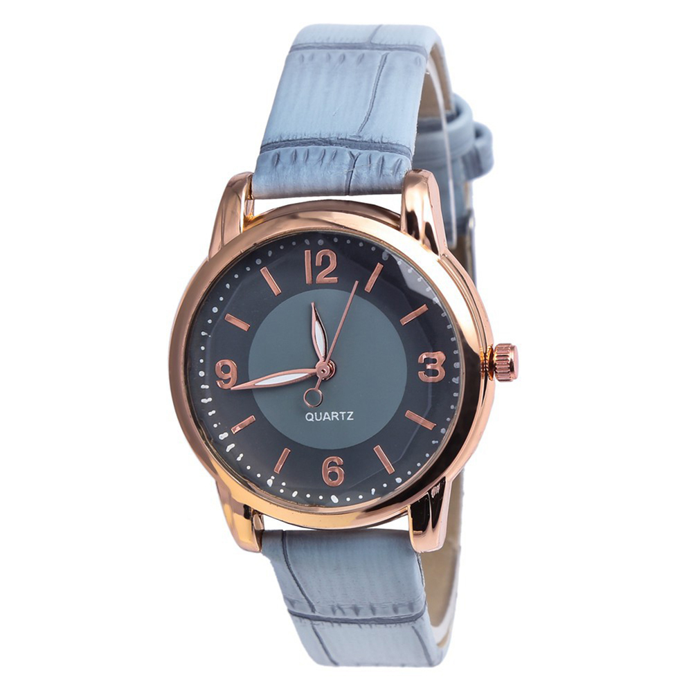 (New) women round dial bamboo grain faux leather strap analog quartz watch