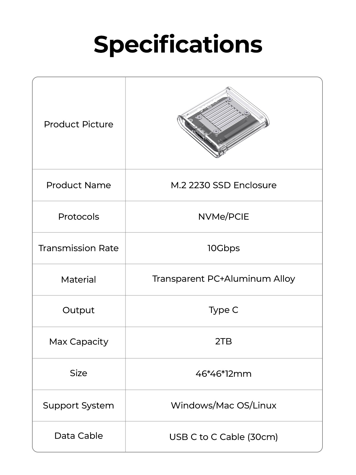 ORICO TC20-M2-10G 2230 M.2 NVMe SSD Enclosure. 