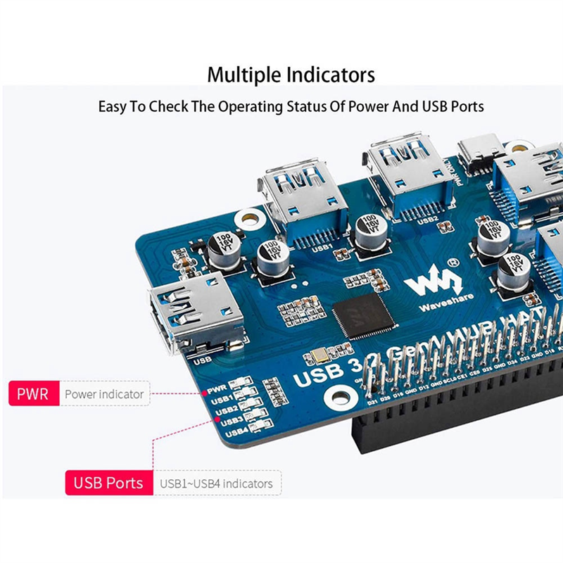 USB 3.2 Gen1 HUB HAT USB HUB Splitter Hub for 4B 3B+ 3B 2B Zero W WH, with 4X USB 3.2 Gen1 Ports, Driver-Free Plug&Play. 