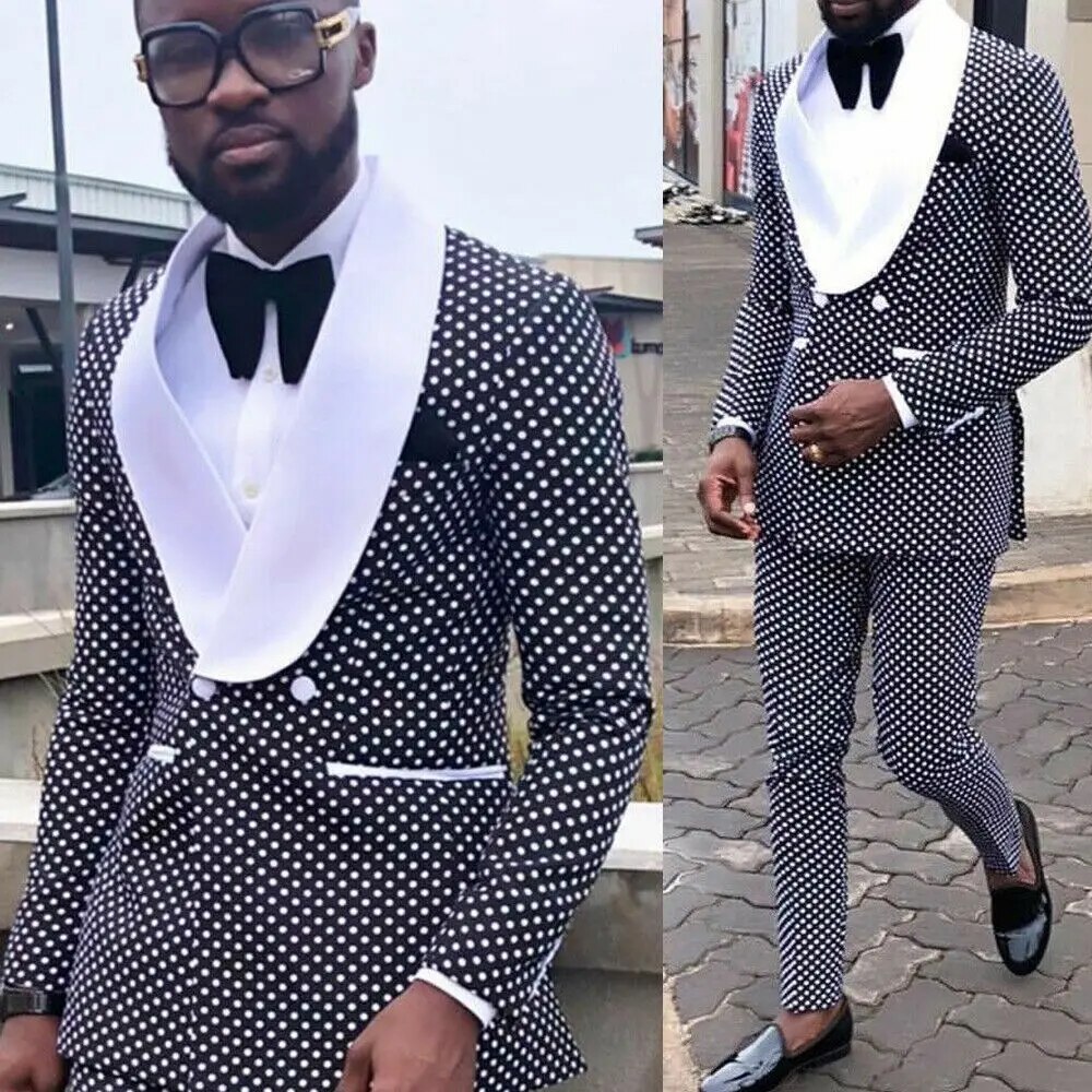 Formal Men's Suit Groom Shawl Lapel Polka Dots Tuxedos Wedding Slim Fit Suit Business Work Wear 2pcs Blazer and Pants