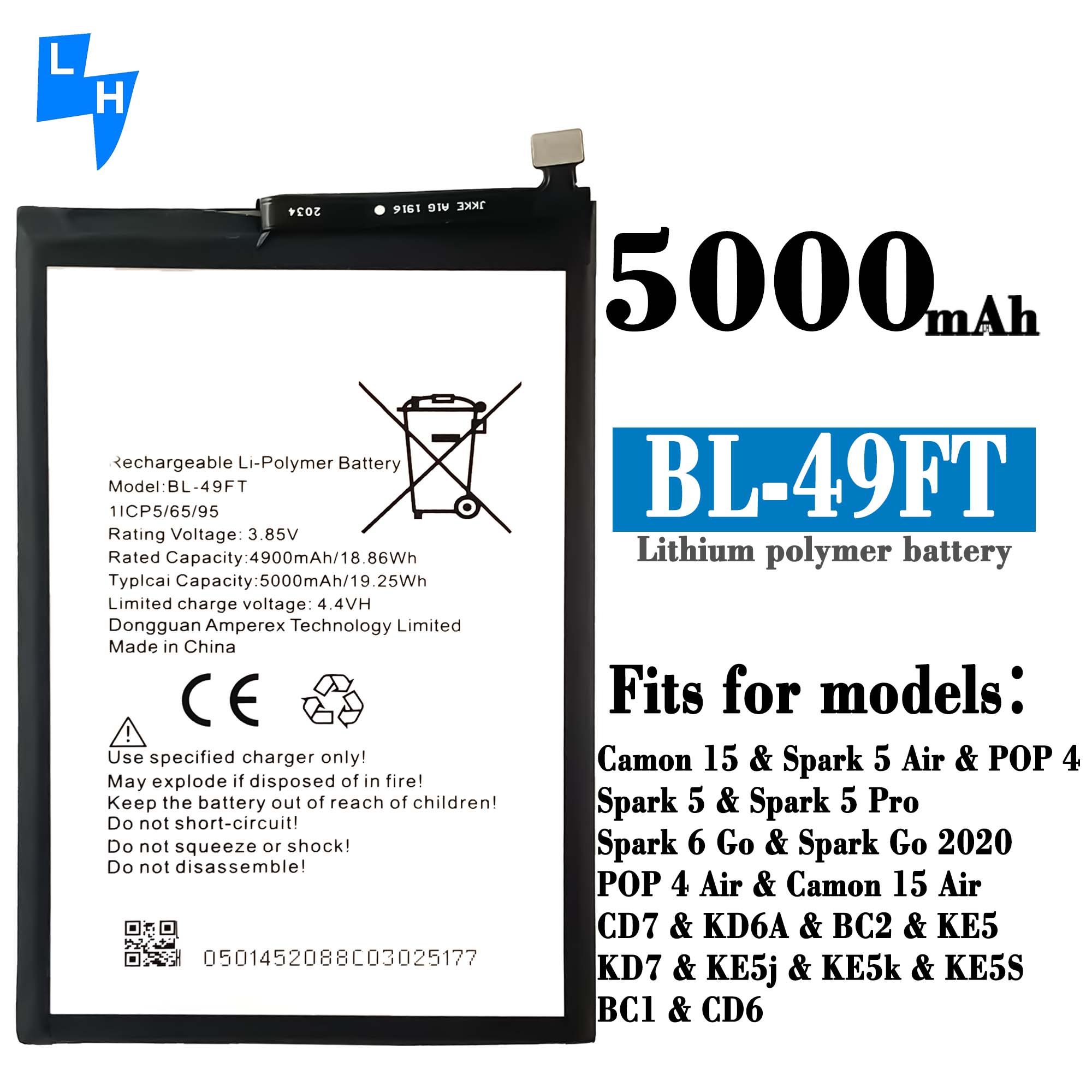 Tecno BL-49FT Phone Batteries For Spark 5 Camon 15 Air /  TECNO POP 4 / Tecno Spark 5 Replacement Phone Battery