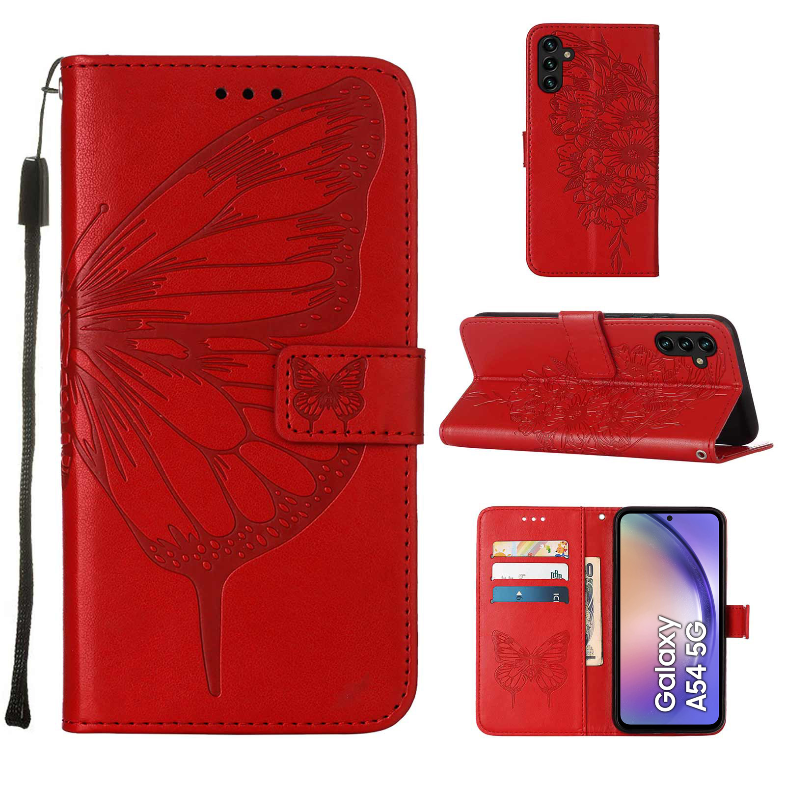 lthmy for Samsung Galaxy A54 Butterfly PU Leather Flip Wallet Card Slots with Hand Strap Stand Cover case
