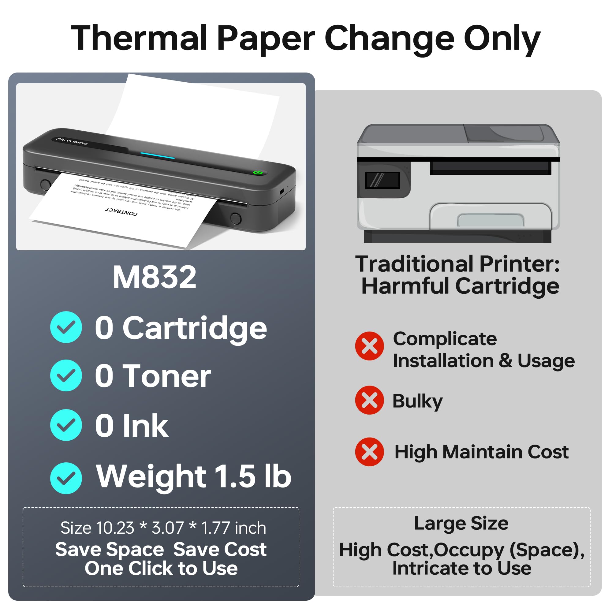 Phomemo M832 Portable Printer A4 BT Printer for Travel 300Dpi Wireless Inkless Thermal Printer Use in iOS Android Phone Laptop. 