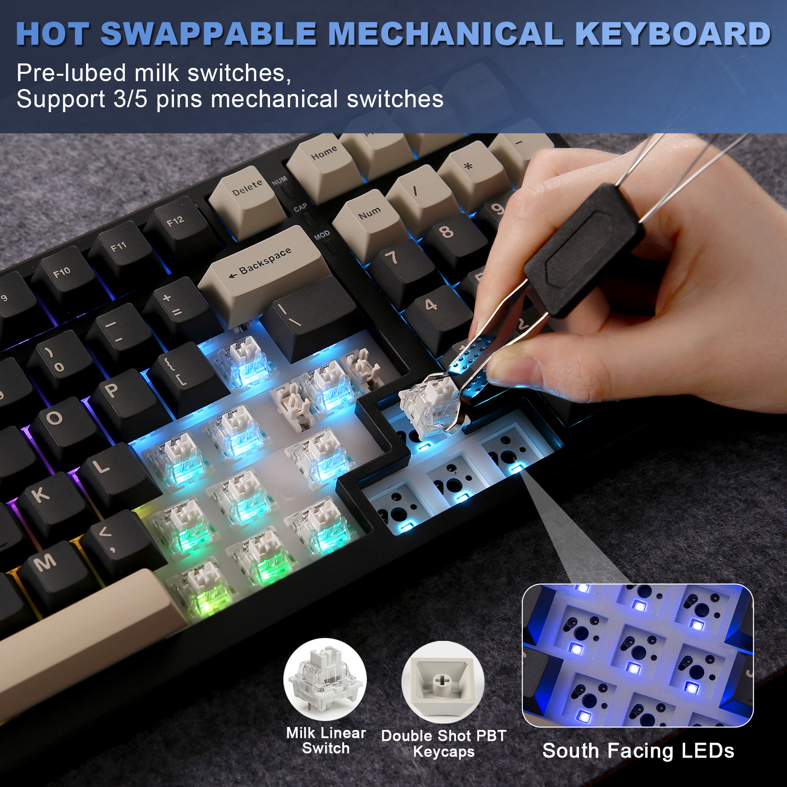 YUNZII YZ98 Black Mechanical Gaming Keyboard, 99-Key Hot Swap Gasket Keyboard, 98% 1800 Layout Wireless RGB Full-Size Keyboard. 