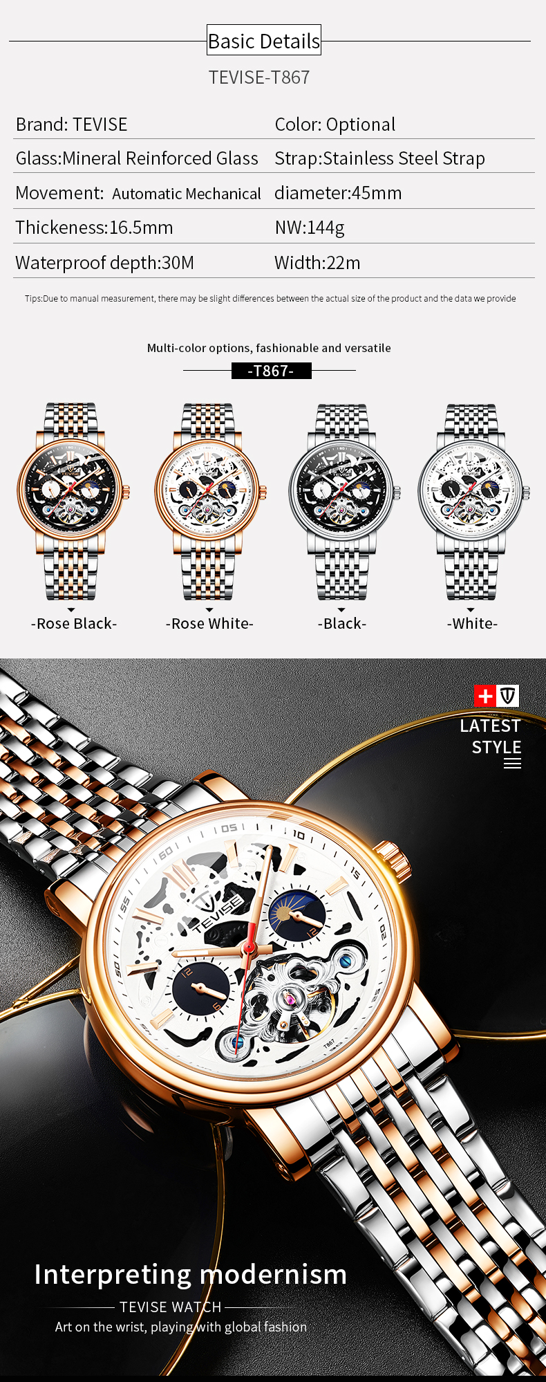 TEVISE T867 Luxury Branded Watches Automatic Wrist Watch Stainless Steel Men Skeleton Watch for gift