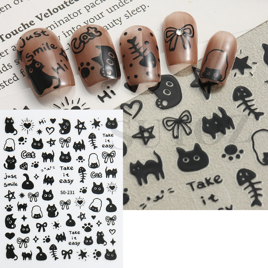 Cartoon Black Cats Nails Sticker Graffiti Painting Cute Kitten Black White Gold Silver Color Design Decals Nail Art Decor SO231