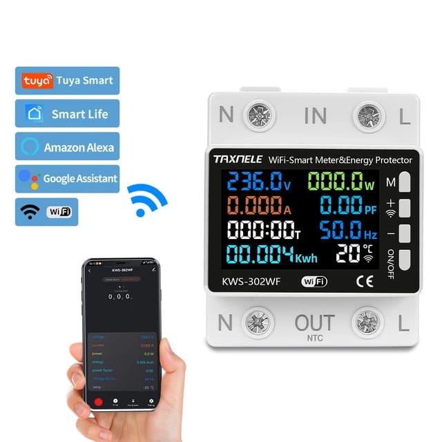 TAXNELE TUYA WiFi 2P 63A Smart Power Meter Over Under Voltage Protection Relay Switch Circuit Breaker Energy kWh Temperature Meter Smart Life