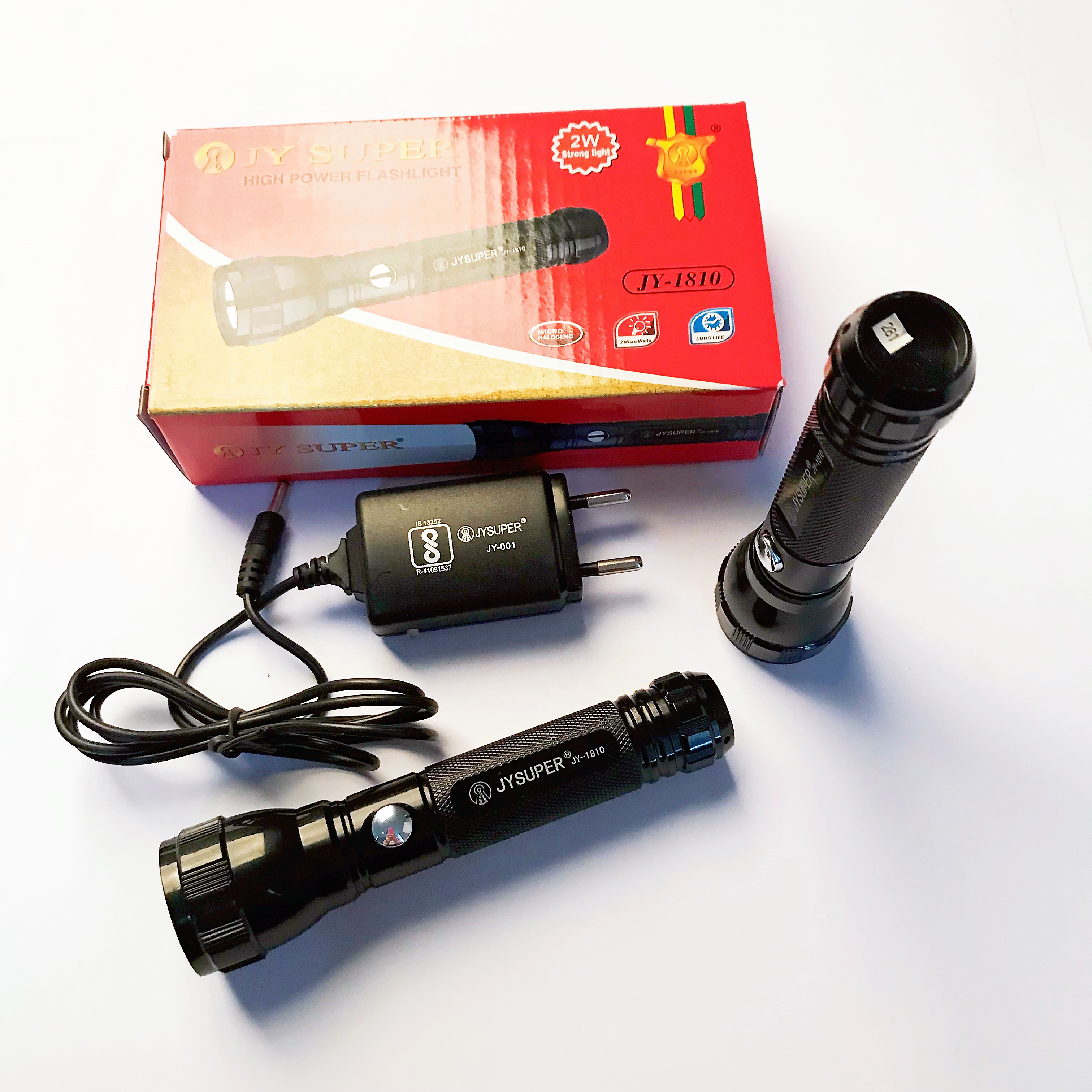 JY SUPER 1810 Torch Light 3W LED Torch Lite Rechargeable LED Flashlight 3 Watt TorchLED Light Aluminum Body Hand Torch With 18650 Lithium Battery & Light Charger. 