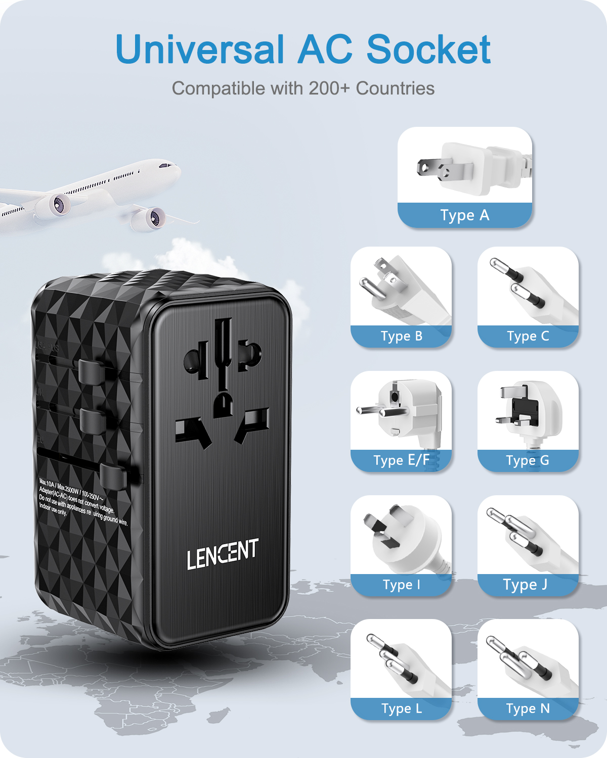 LENCENT 120W International Travel Adapter, GaN Universal Travel Adapter with 1 USB-A & 3 Type C Power Adapter, Fast Charger for Phone,Laptops, Worldwide Plug Adapter for USA/UK/EU/AUS, Black. 