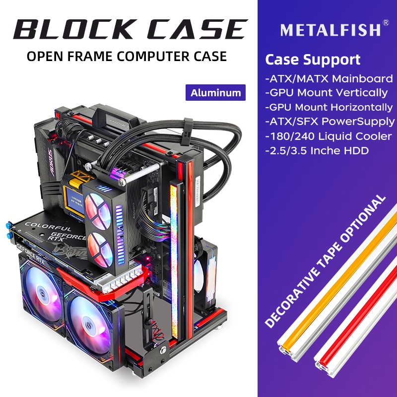 METALFISH BlockCase Aluminum Open Frame Case Support ATX/M-ATX Mainboard GPU Mount Horizontally 240 Liquid Cooler Gaming Cabinet. 