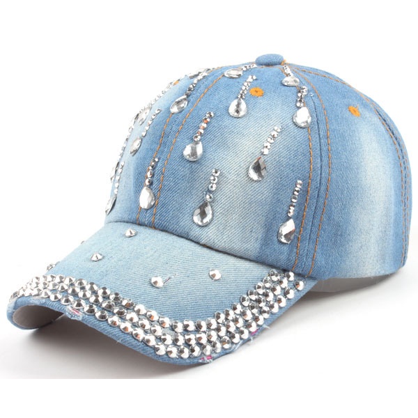 New Denim Caps Fashion Leisure Woman Cap With Water Drop Rhinestones Vintage Jean Cotton Baseball Caps For Men