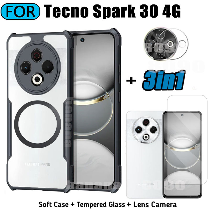 3 in 1Tecno Spark 30 30C 30 Pro 4G Acrylic Phone Case For Tecno Spark 20 20C 20Pro 5G Casing With Magnetic Wireless Charging Sticker +Full Coverage Tempered Glass Screen Protector