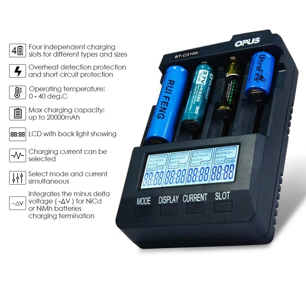 OPUS BT-C3100 V2.2 Universal Four Slots LCD Screen Replenisher Smart Rechargeable Smart Battery Charger Accessories Parts New. 