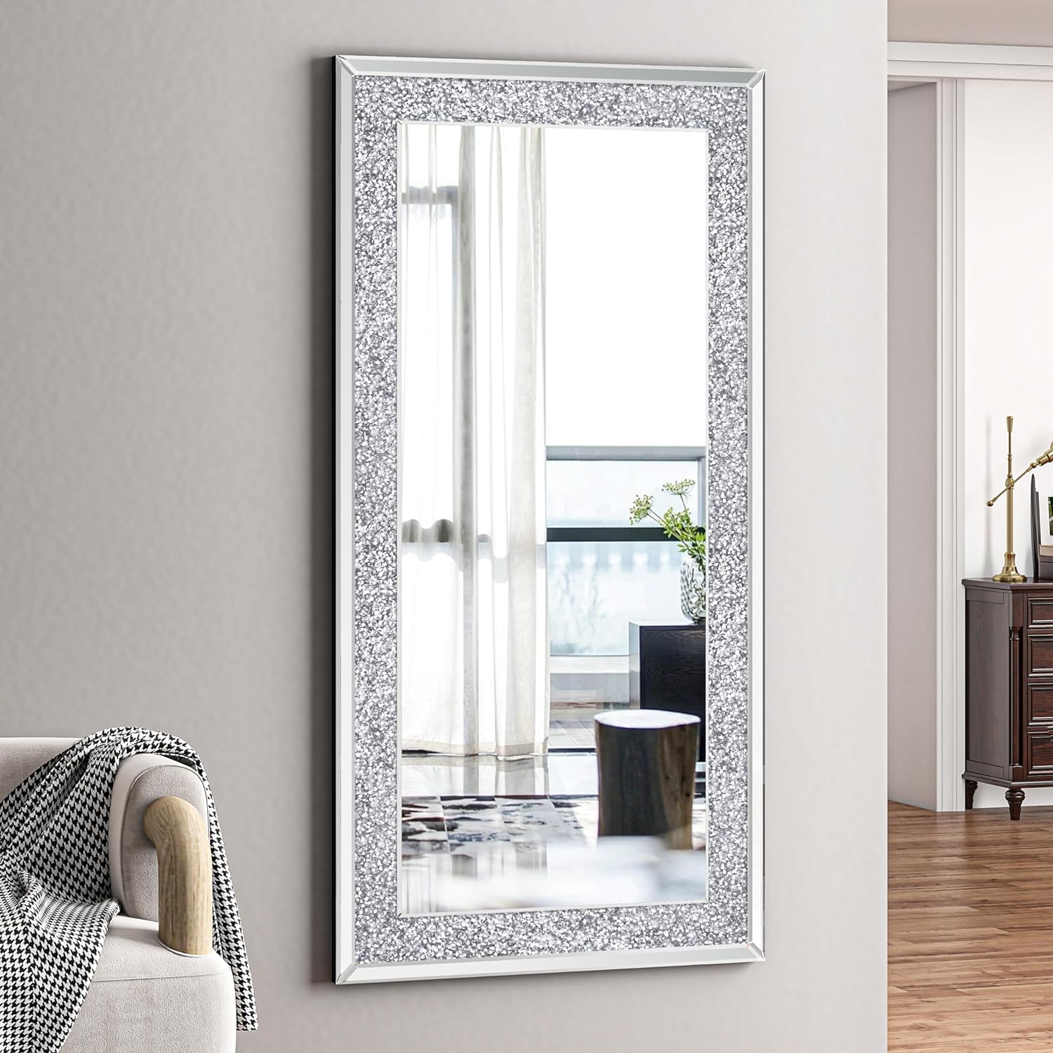 Full Length Mirror- 65 x 21.6 Crystal Crush Diamond Floor Mirror with Standing Silver Large Full Body Mirror. 
