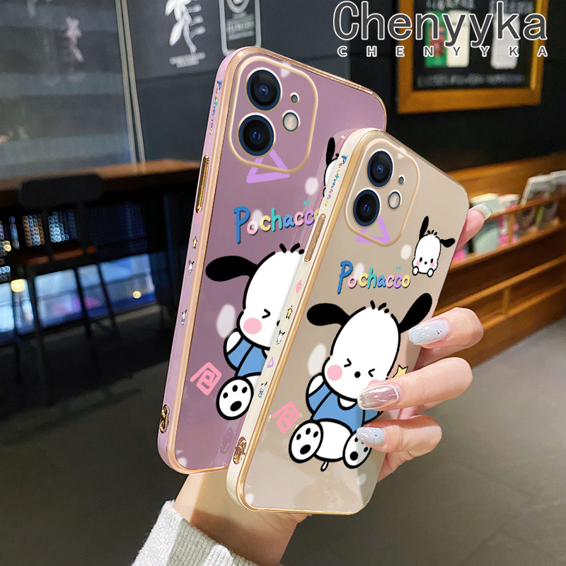 Chenyyka For iPhone 6 6s 6 Plus 6s Plus Case Cartoon Cute Pochacco New Square Edge Pattern Luxury Plating Phone Cases Silicone Soft Case Camera Lens Shockproof Protection Cover. 
