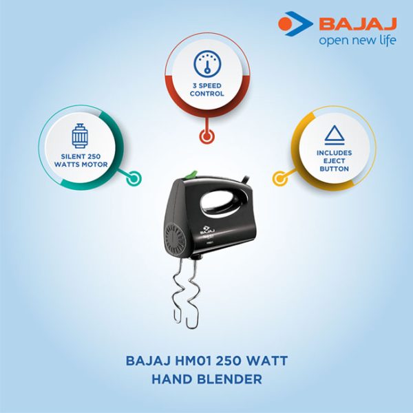 Roll over image to zoom in   4 VIDEOS      Bajaj HM-01 250W Hand Blender | 250 Watts Powerful DC Motor | 3-Speed Control | Hand Mixer with Stainless Steel Accessories & Attachments | 1.Yr Warranty | Black. 