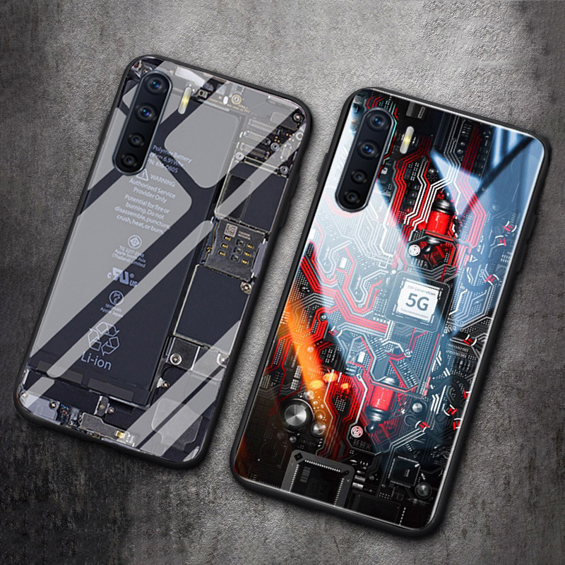 For OPPO Reno 3 Back Cover Version Theme Case Tempered Glass Protection shockproof Cover for OPPO Reno3 case Transparent Circuit Board Design Full Coverage Phone cases. 
