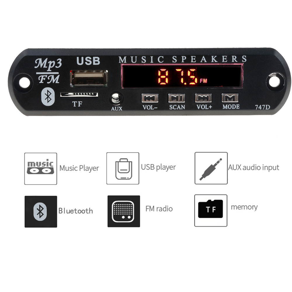 Bluetooth MP3 Decoder Board FM Radio TF USB 3.5mm WMA AUX Audio Receiver 747D. 