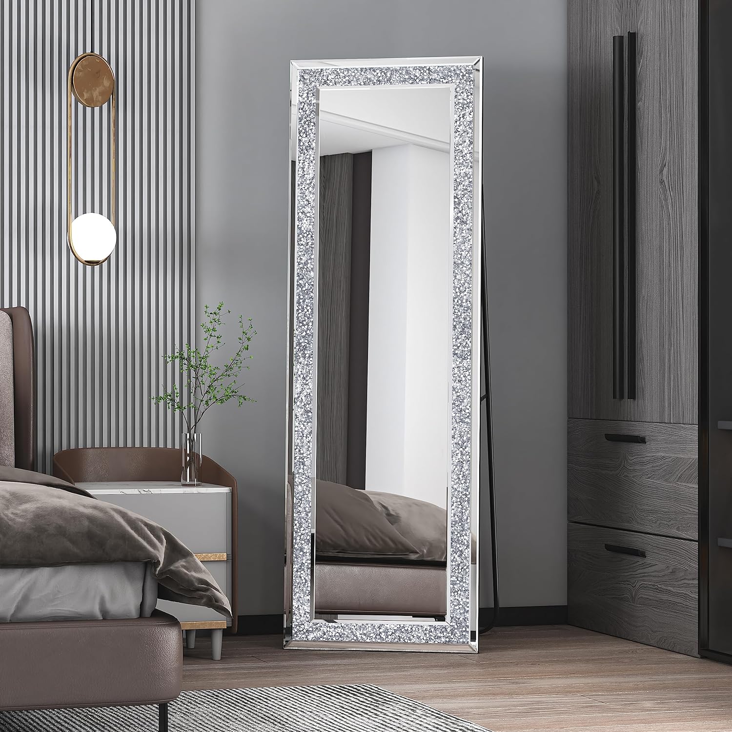 Full Length Mirror- 65 x 21.6 Crystal Crush Diamond Floor Mirror with Standing Silver Large Full Body Mirror. 