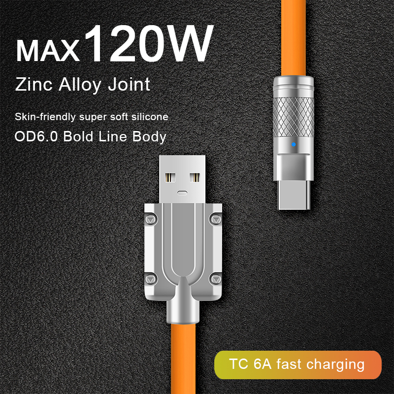 [Lightning for ip]DAMILE 120W 6A Super Fast Charge Liquid Silicone Cable Type-C Charger Data Cable For Xiaomi Huawei Samsung Zinc ip USB Bold Data Line 1.5m. 