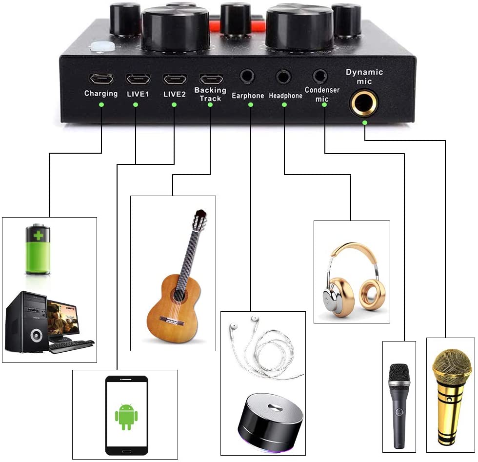 BM-800 Condenser Microphone Full Studio With V8 Sound Card Audio Interface External Usb Live Microphone Sound Card with Bluetooth Function with Smartphones Connections Full Package Setup for Youtuber/ Bloger/Siging/ Studio Recording. 