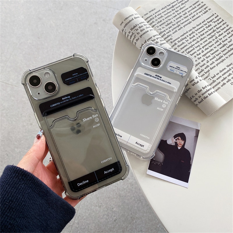Cute Funny Airdrop Card Holder Transparent Phone Case For iPhone 13 12 11 Pro XS Max X XR SE 7 8 Plus Clear TPU Soft Back Cover