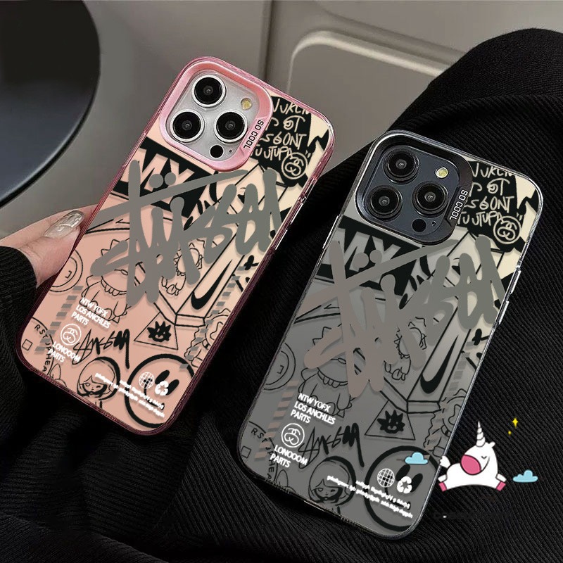 Trendy Cartoon English Cool Smiley Face Graffiti Case Compatible for IPhone 16 15 11 14 12 13 Pro Max XR X 7Plus XS Max 15 8 7 14 Plus SE 2020 Luxury Plated Metal Lens Soft Case. 