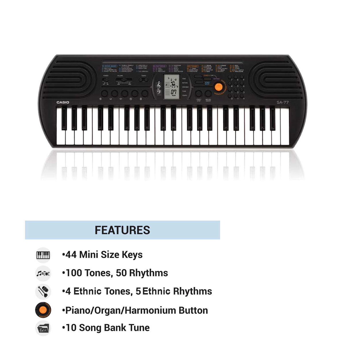 Casio SA-77 Portable Musical Keyboard Piano - Black & Grey with adapter. 