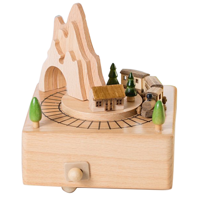 Wooden Musical Box Featuring Mountain Tunnel With Small Moving Magnetic Train Plays